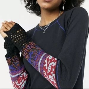 Free People In The Mix Cuff Thermal Top Crochet Knit Size XS Black Combo